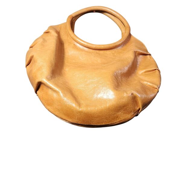 Rare HTF Zina Eva Pleated Camel Tan Leather Circle Shoulder Bag Purse EUC Boho - Picture 5 of 12